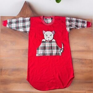 Vintage Yikes Sleepwear Robe Nightgown Kitty Applique Plaid Long Sleeve 2X 80s